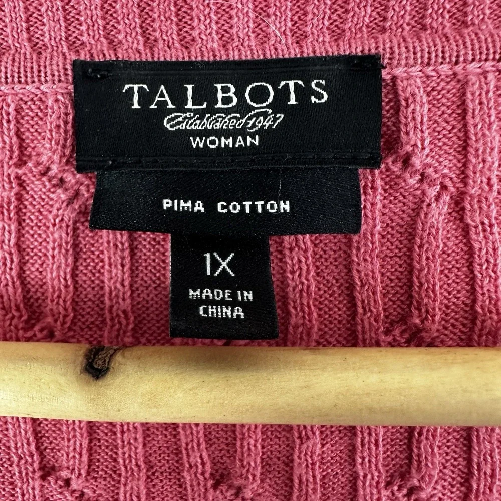 Talbots Woman Sweater Size 1X 100% Pima Cotton Pink V-Neck Pullover Cable‎ Knit